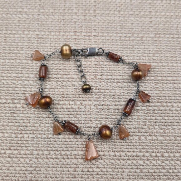 Jewelry - 7+1 Inch Sterling Silver Orange Agate And Pearl Tarnished Bracelet A7303